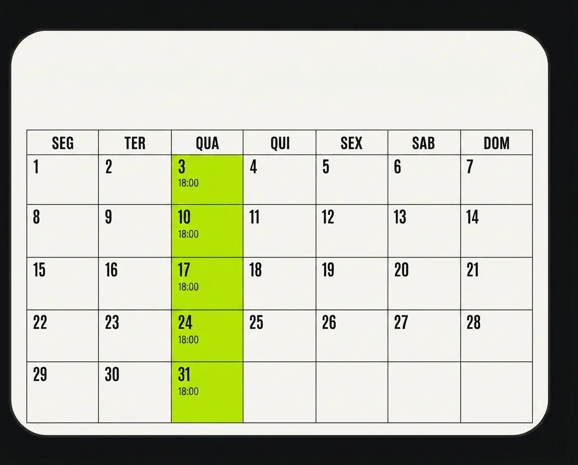 Calendário com encontros quinzenais nas quartas-feiras às 18:00