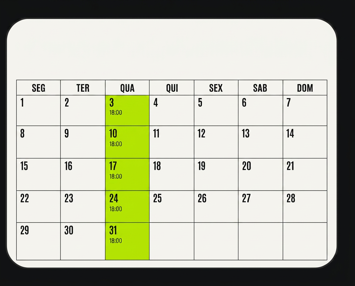 Calendário com encontros quinzenais nas quartas-feiras às 18:00